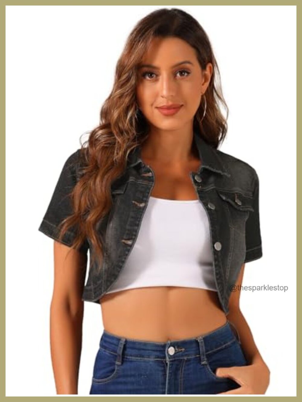 Women's Cropped Denim Jacket Short Sleeve Casual Button Down Cotton Blend
